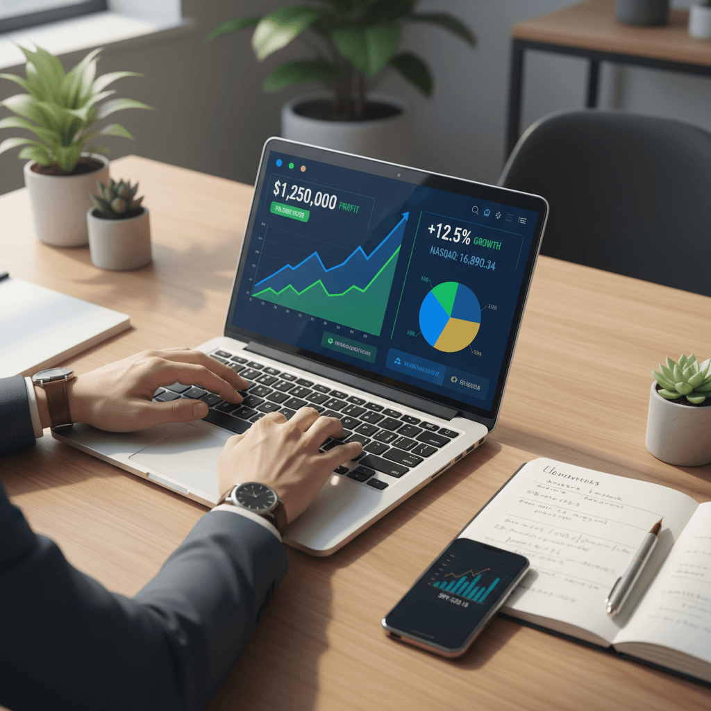 Finance professional reviewing automated financial reports on desktop